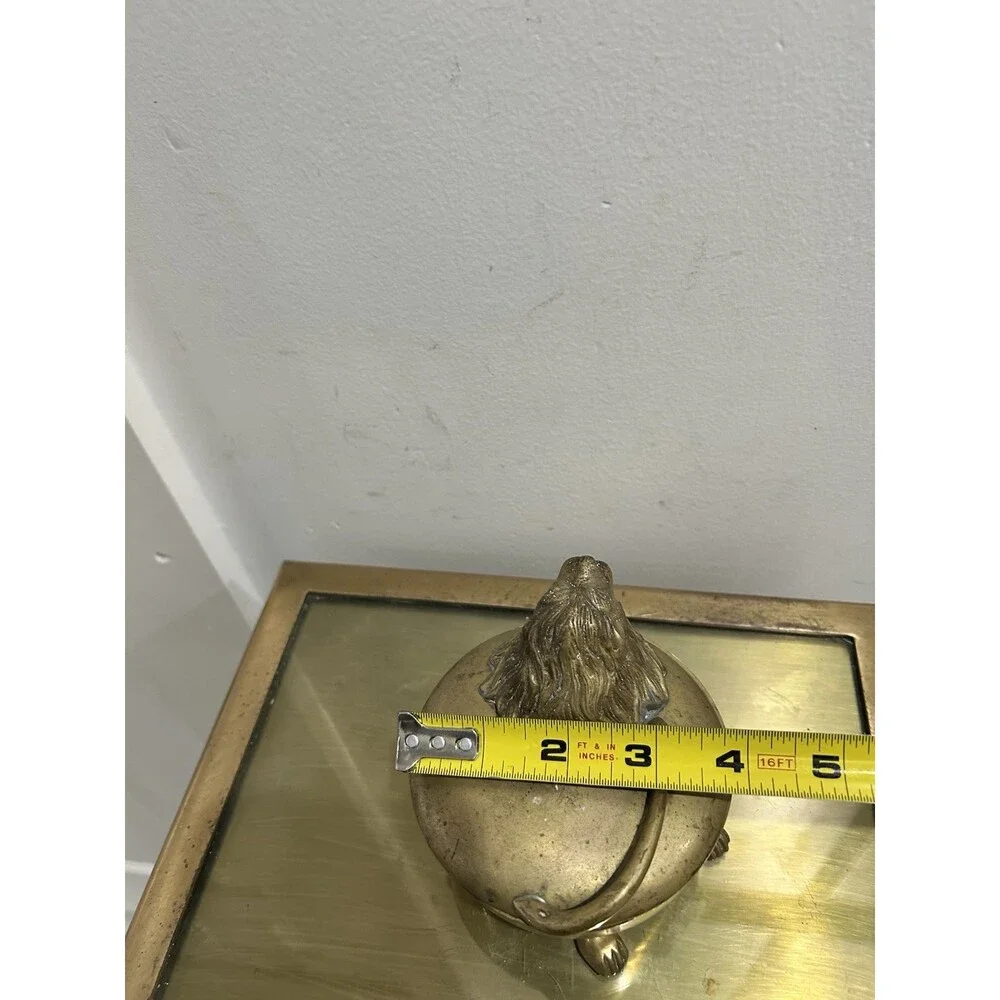 Vintage Brass Lion Head Trinket Box Jewelry Casket Footed Lidded Vanity Decor